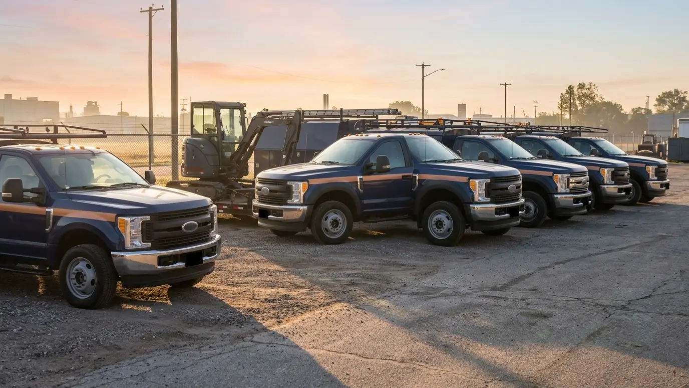 A row of navy blue utility work trucks with copper stripes and no lettering parked at a yard at sunrise