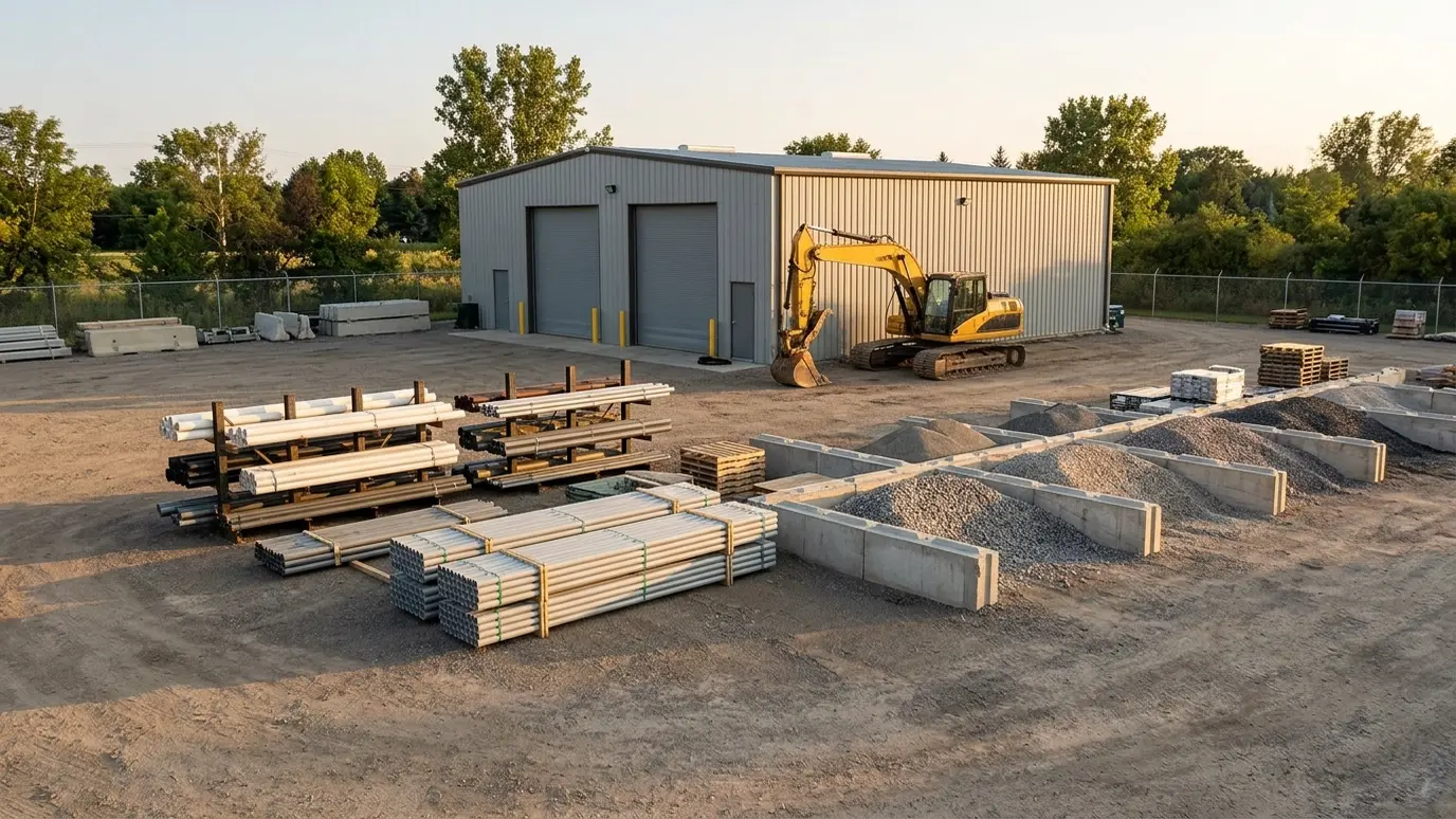 A tidy contractor yard with racks of pipe, stacks of conduit, bedding stone piles and an excavator beside a shop building in warm light
