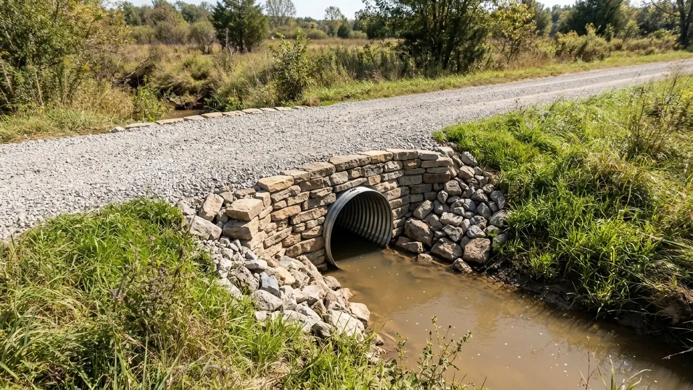 After: Culvert crossing | Music City Utilities After: a gravel driveway crossing a ditch with a new corrugated culvert with stone headwalls and fresh gravel
