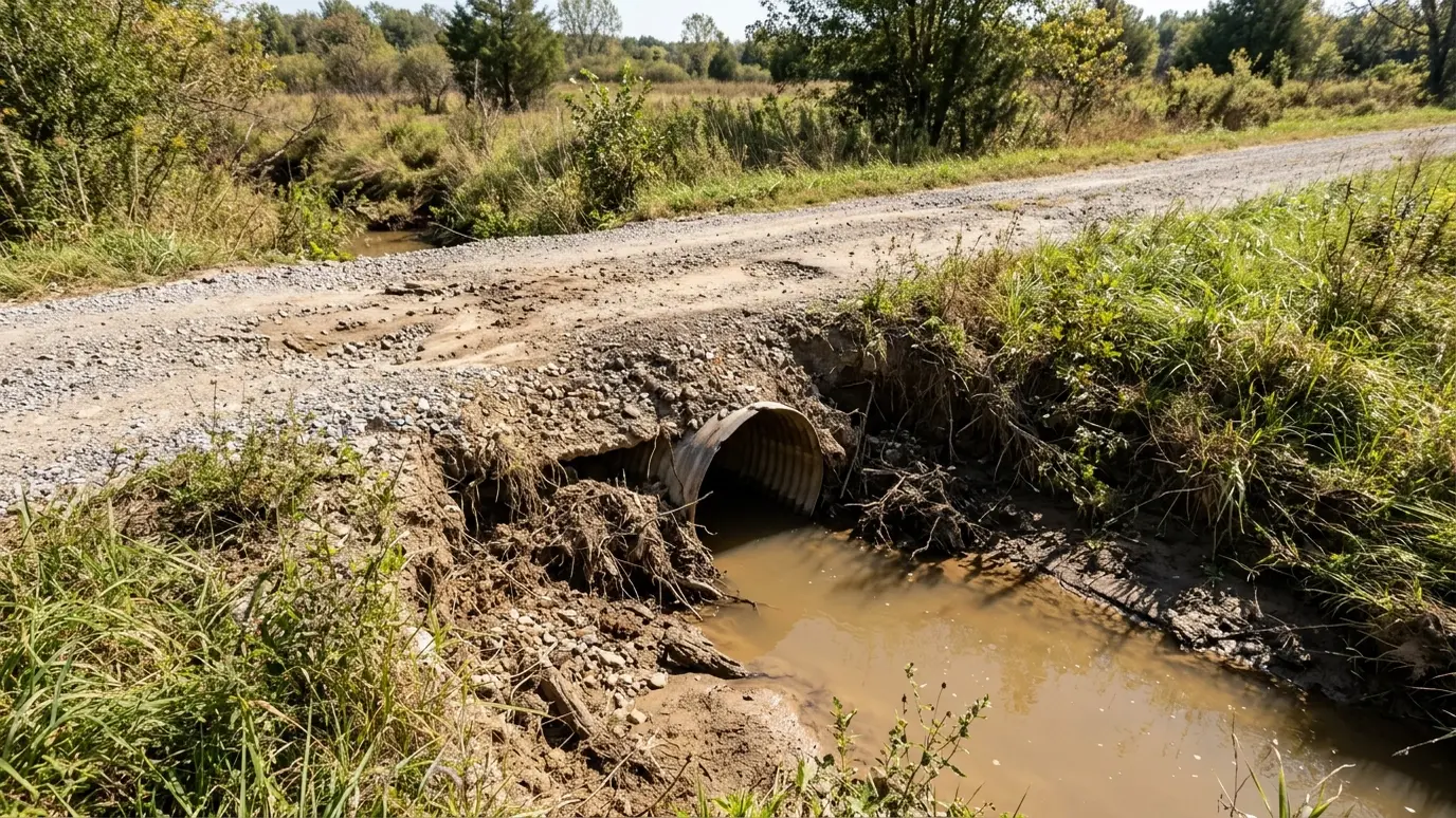 Before: a gravel driveway crossing a ditch with eroded banks and muddy water washing out the crossing