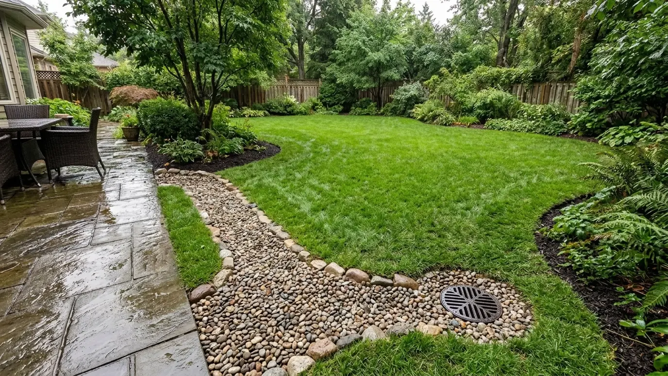 After: Yard drainage | Music City Utilities After: a backyard beside a patio with a dry graded lawn with a new drain grate and a gravel swale