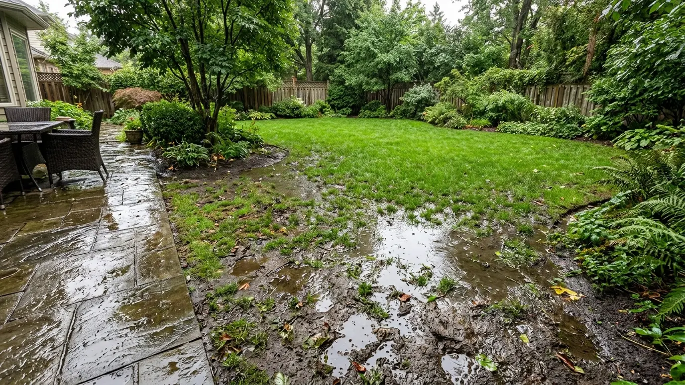 Before: a backyard beside a patio with standing water and soggy muddy soil