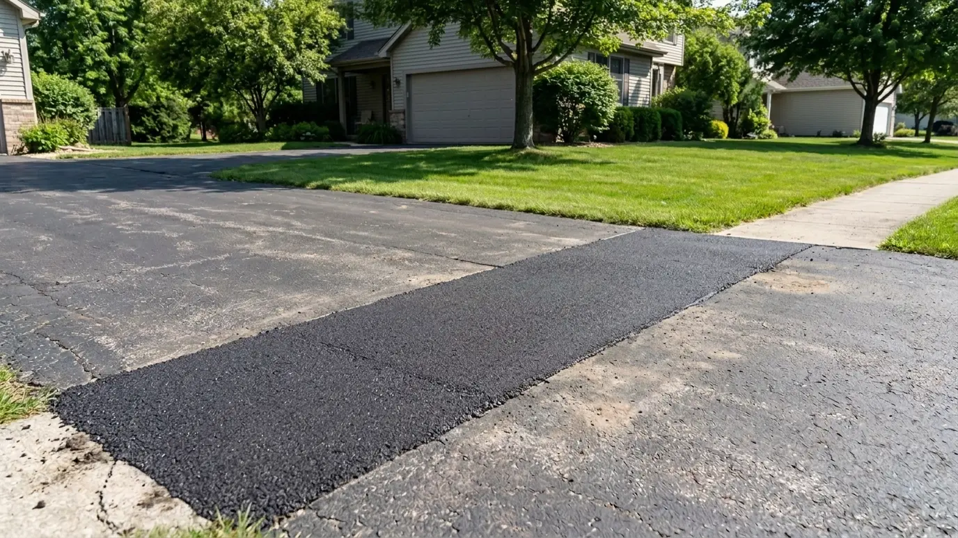 After: Driveway patch | Music City Utilities After: a residential driveway with a filled trench with smooth, dark asphalt and clean straight edges