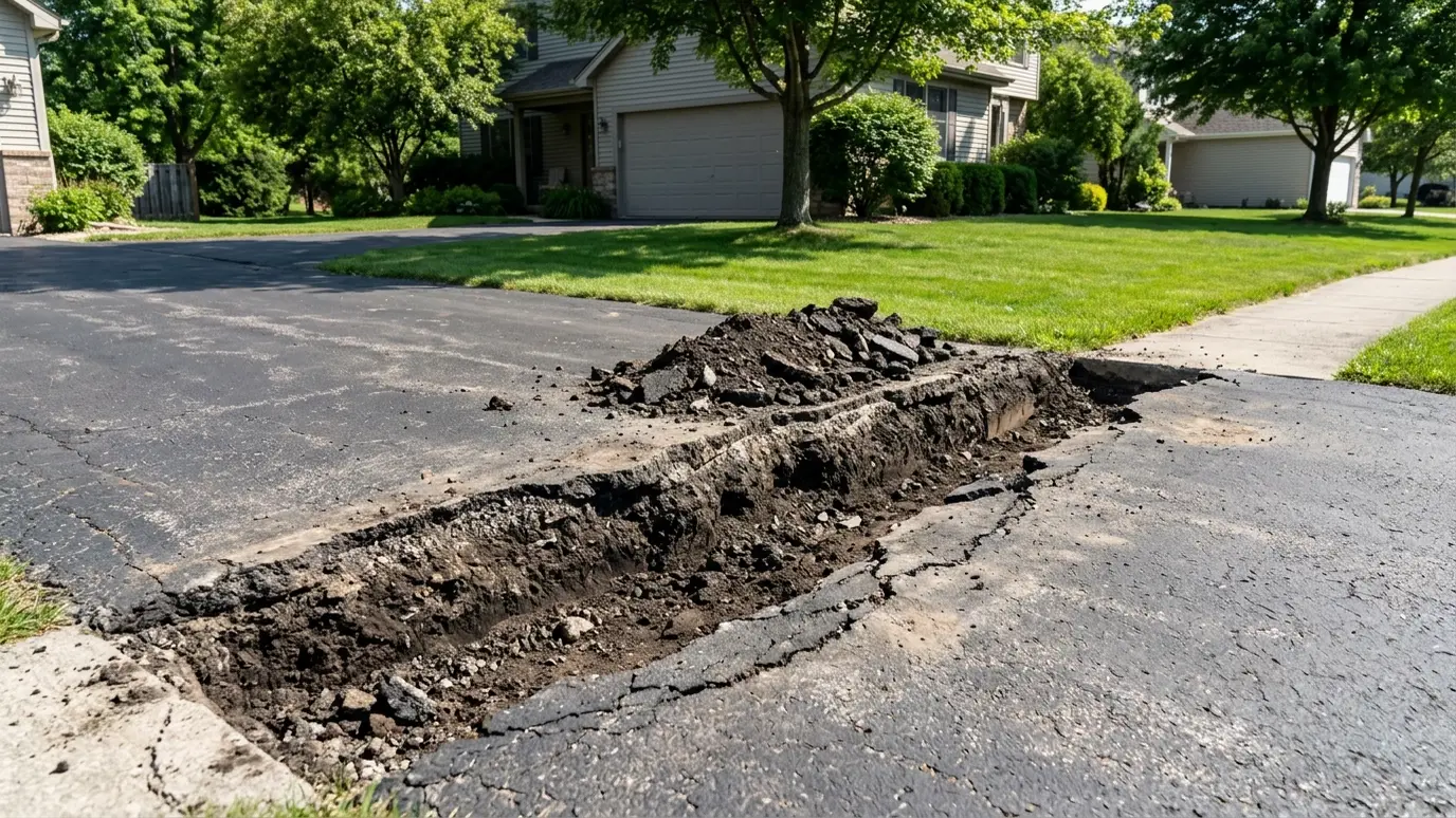 Before: a residential driveway with a rough cut trench with open soil and broken asphalt edges