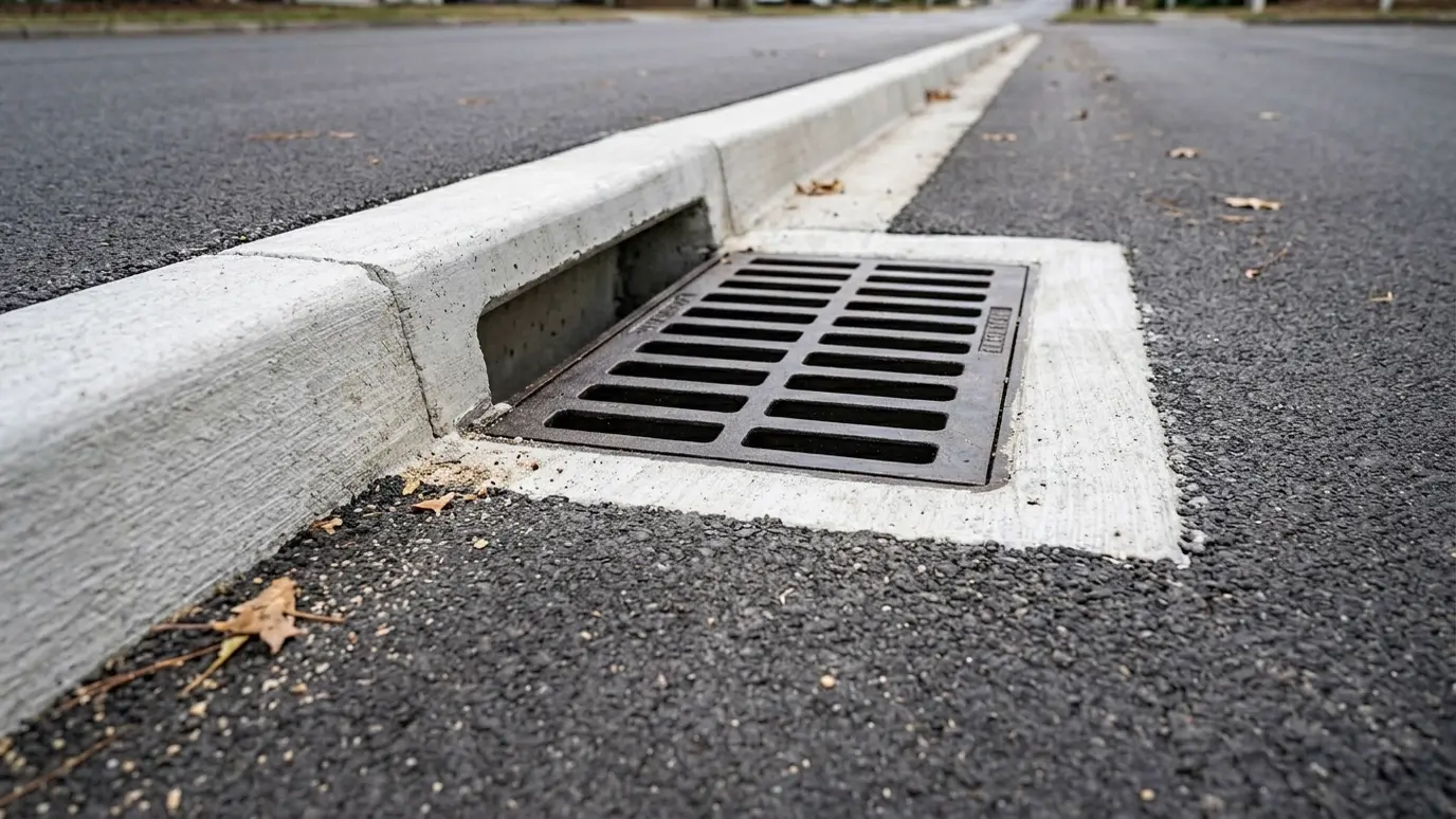 After: Storm inlet | Music City Utilities After: a street edge with a new concrete catch basin with a clear grate and dry pavement