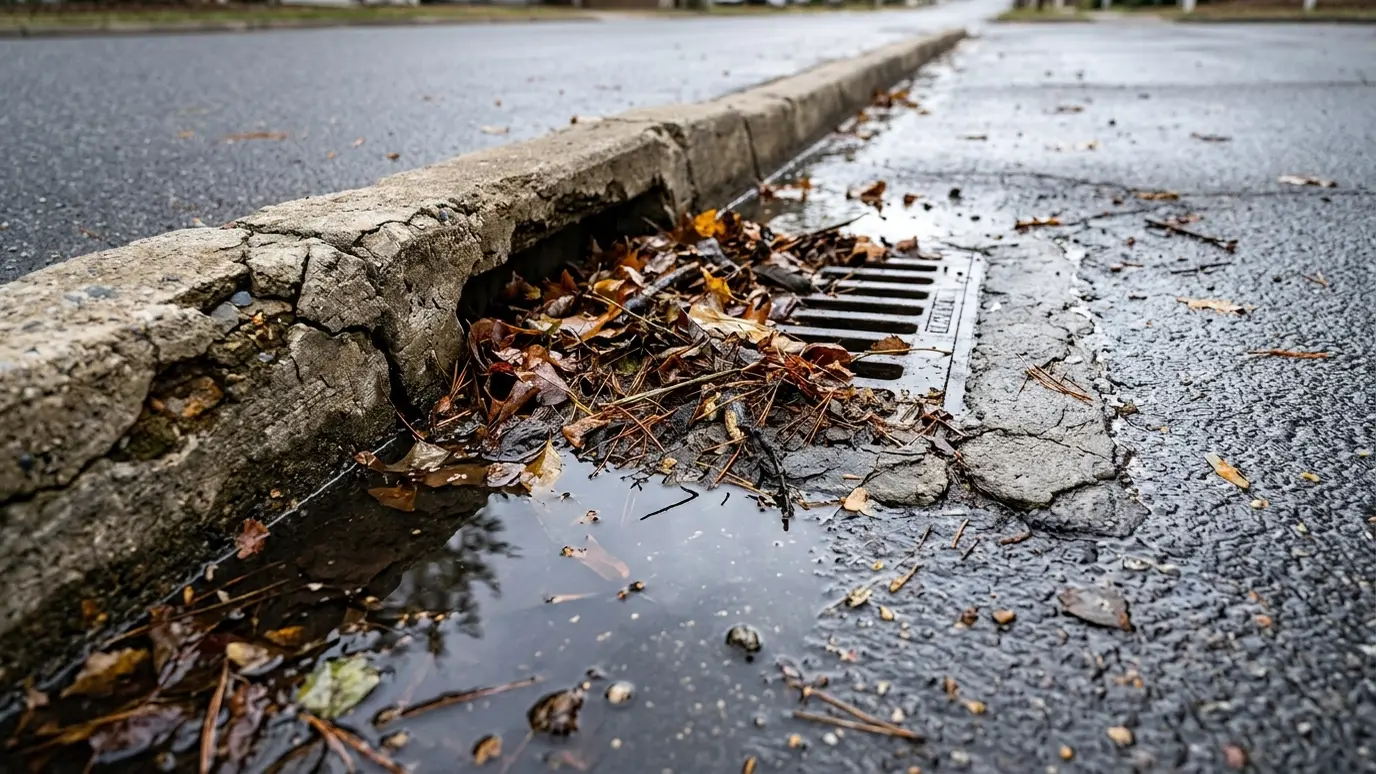 Before: a street edge with a clogged, cracked curb inlet full of debris with a puddle