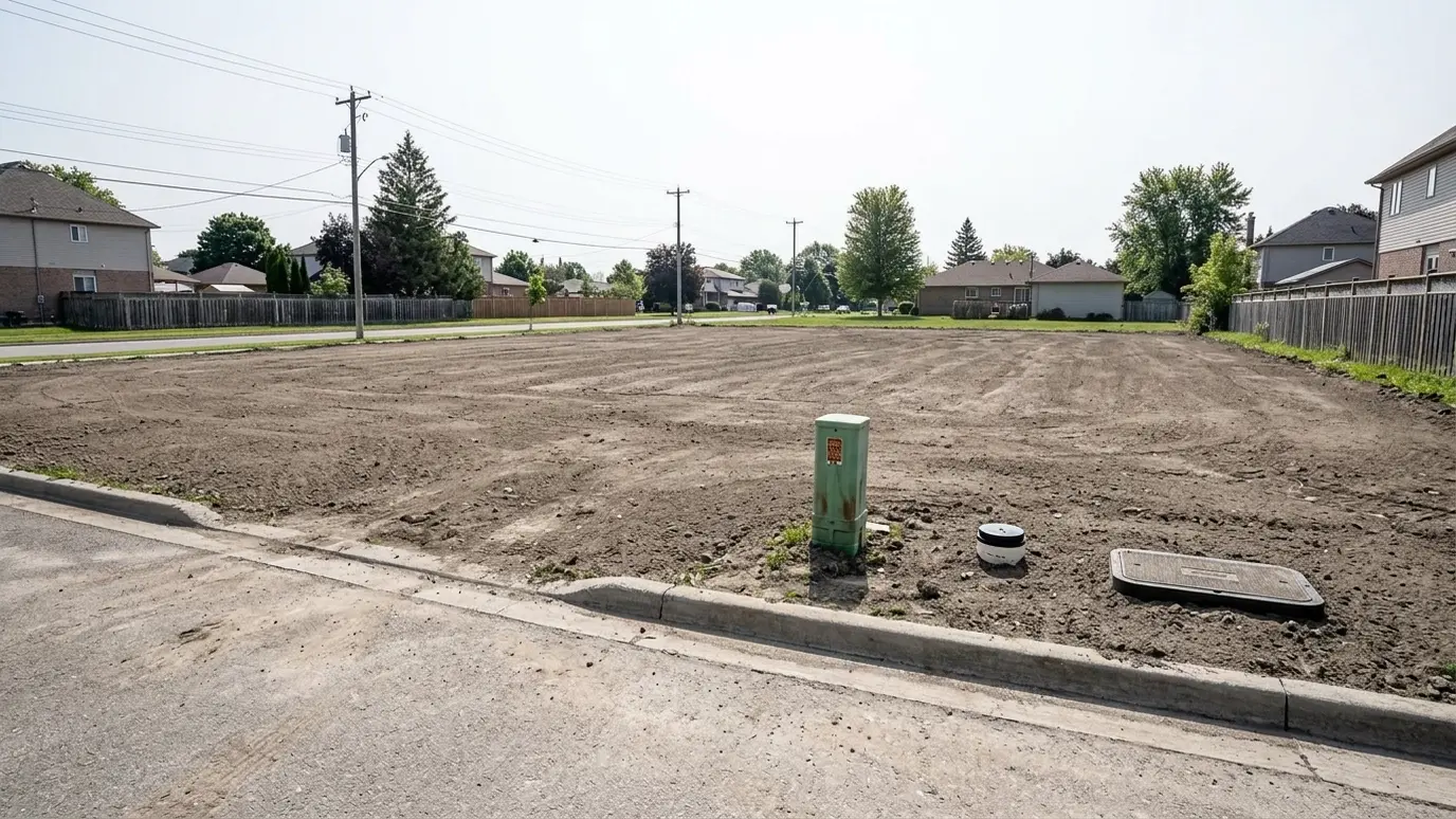 After: New lot hookups | Music City Utilities After: a building lot beside a street with a water meter box, a sewer cleanout and a green electric pedestal installed