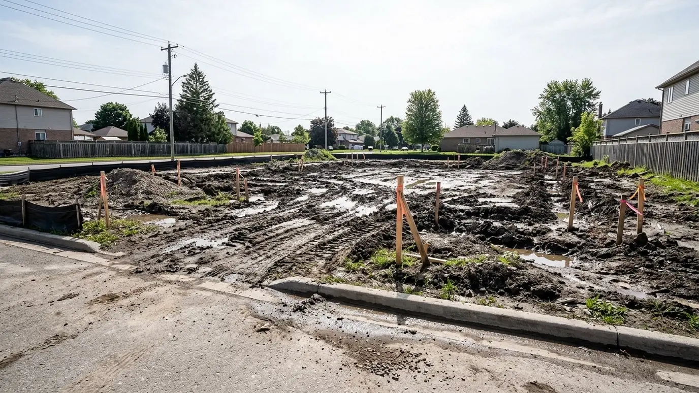 Before: a building lot beside a street with bare muddy graded soil with wooden stakes