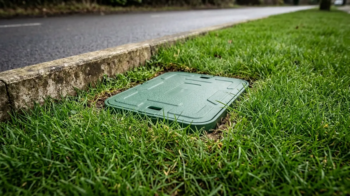 After: Meter box replacement | Music City Utilities After: a curbside lawn with a new clean meter box with a green lid set flush in neat grass