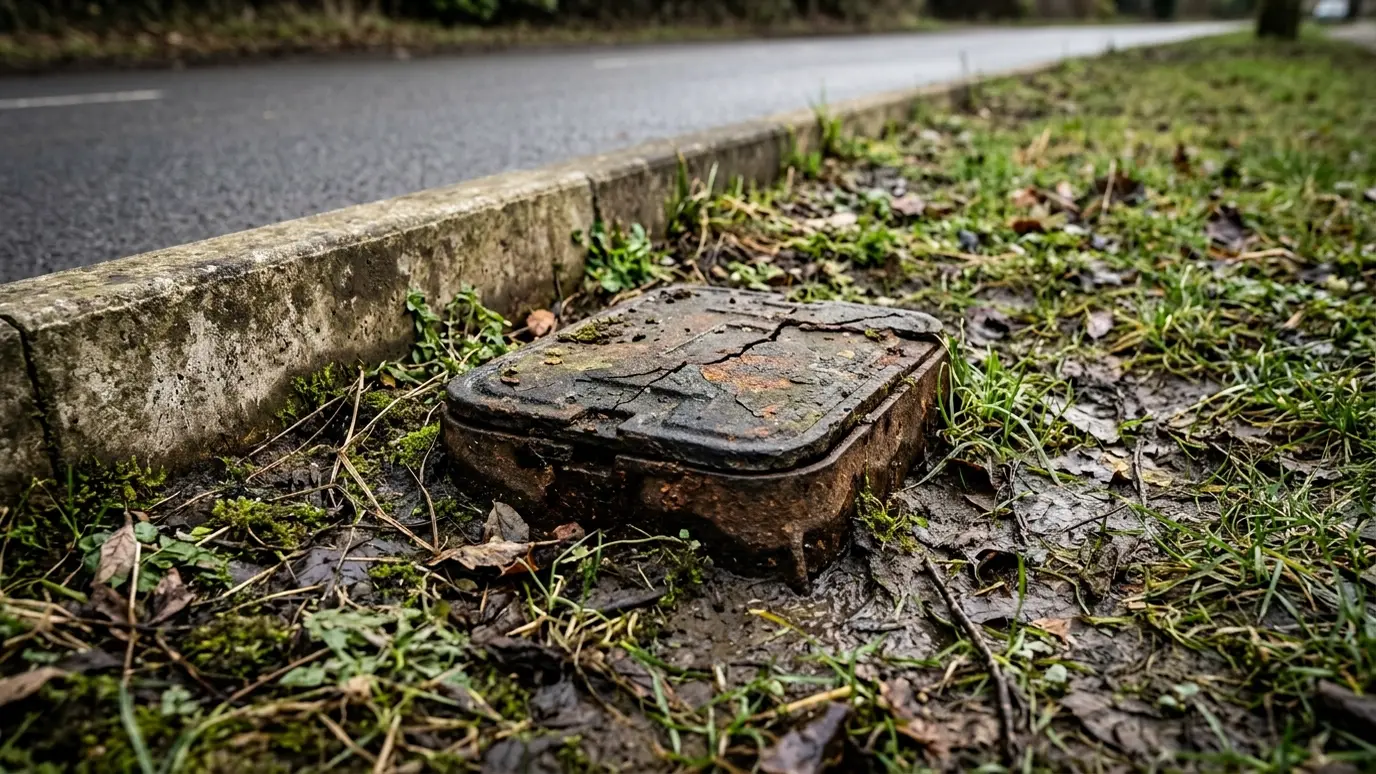 Before: a curbside lawn with an old rusty meter box with a cracked lid sunk in mud