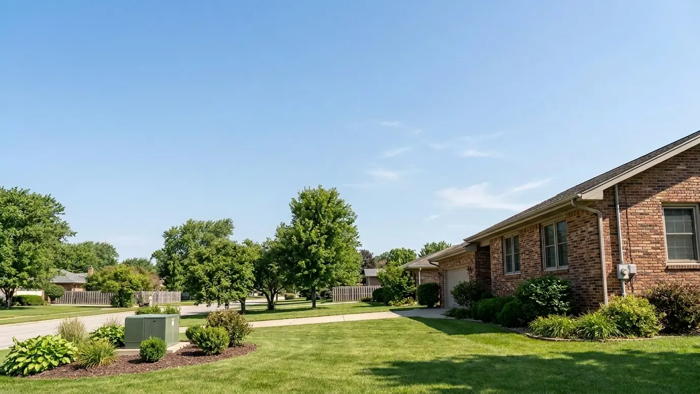 After: Overhead to underground | Music City Utilities After: a suburban yard with buried lines, a green pad-mounted transformer and a clear sky