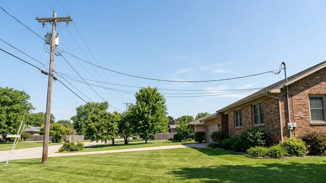 Before: a suburban yard with a utility pole and sagging overhead wires
