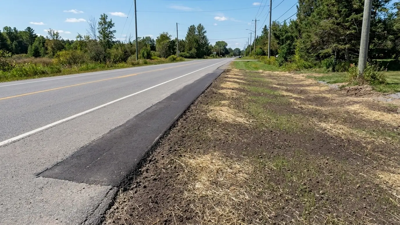 After: Roadside excavation | Music City Utilities After: a road edge with a closed excavation with smooth asphalt and a seeded shoulder