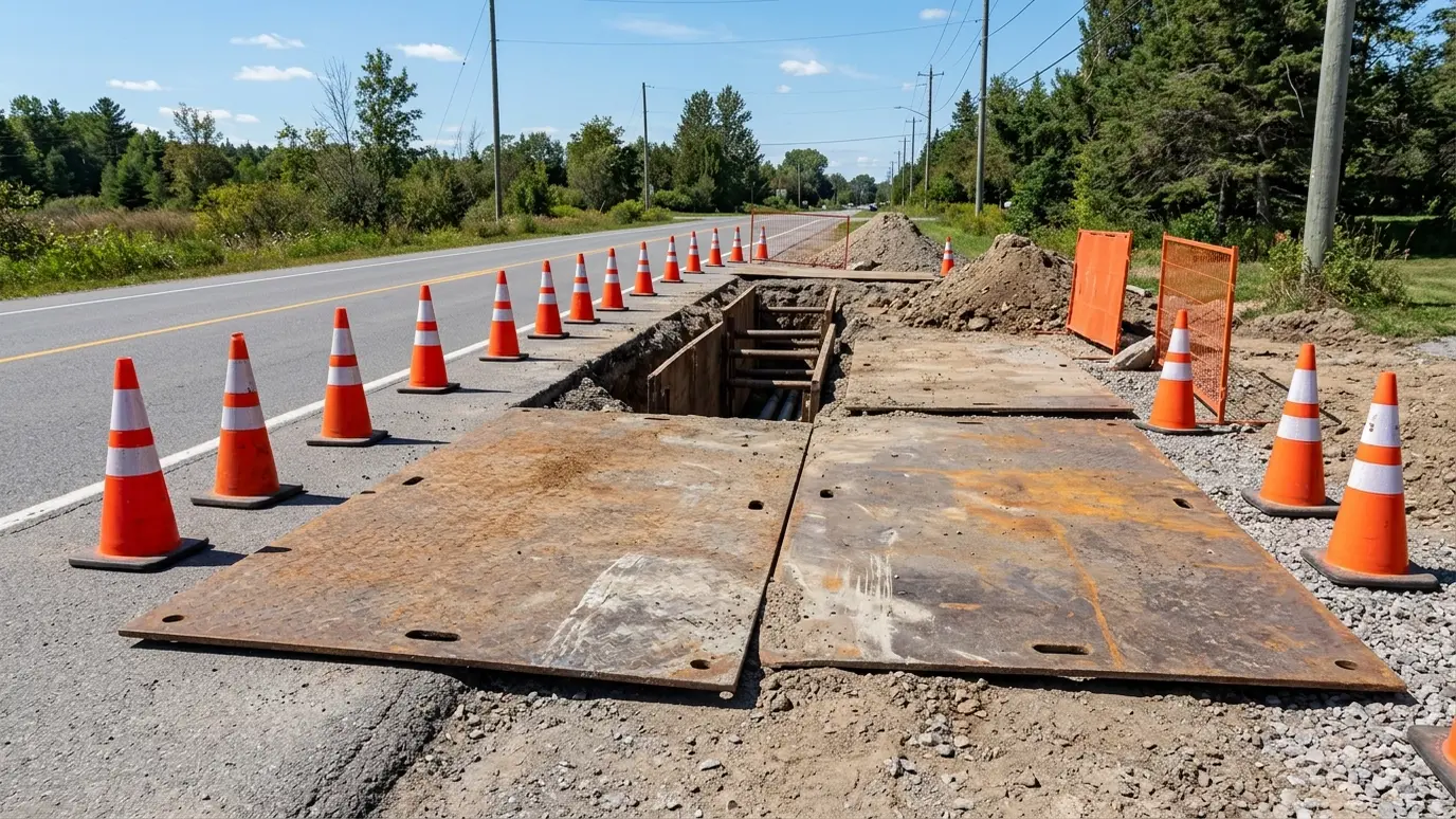 Before: a road edge with an open excavation with steel trench plates and cones