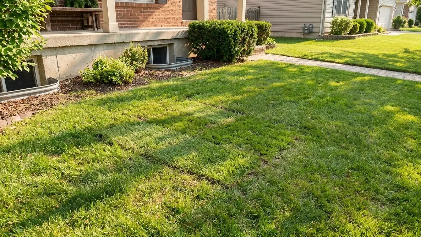 After: Sinkhole repair | Music City Utilities After: a front lawn with a filled, graded lawn covered with fresh green sod