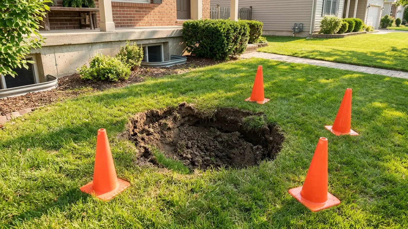 Before: a front lawn with a sinkhole with exposed soil and a collapsed edge near the foundation