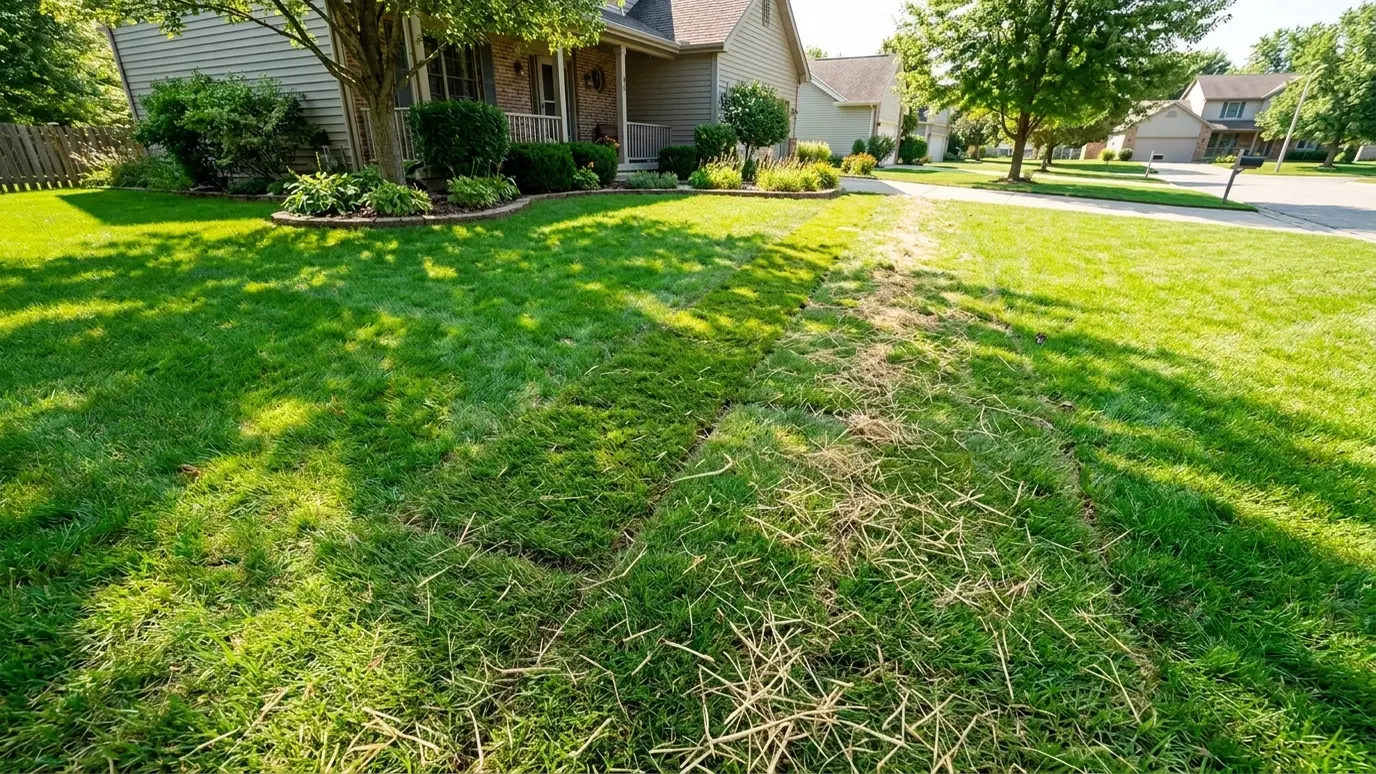 After: Trench restoration | Music City Utilities After: a residential lawn with a backfilled, graded trench covered with fresh sod and straw