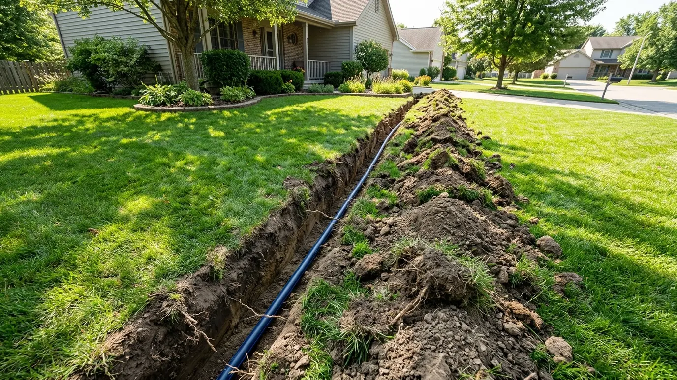 Before: a residential lawn with an open utility trench with a pile of excavated soil