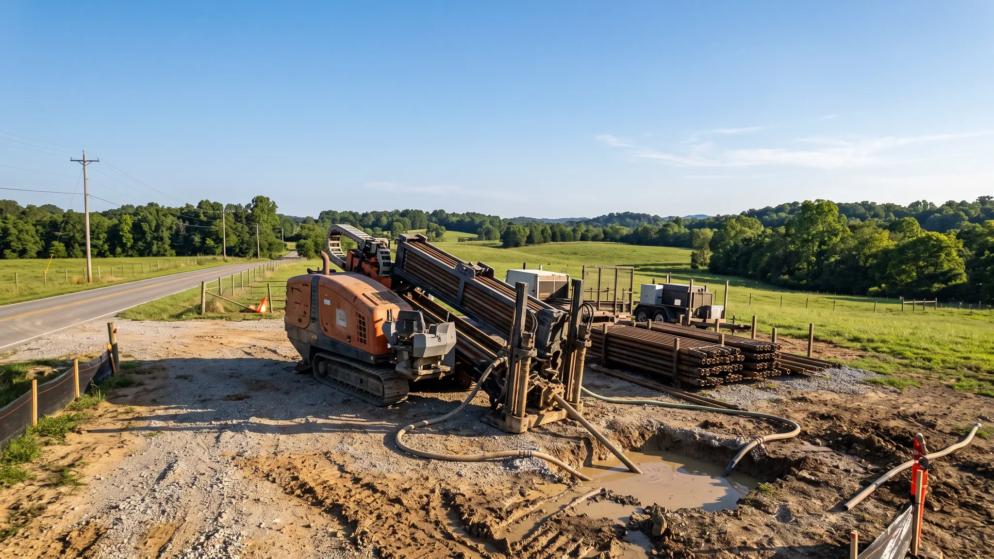 A horizontal directional drilling rig on a Tennessee roadside with drill pipe racked beside it and a small bore pit with fields and a hill behind