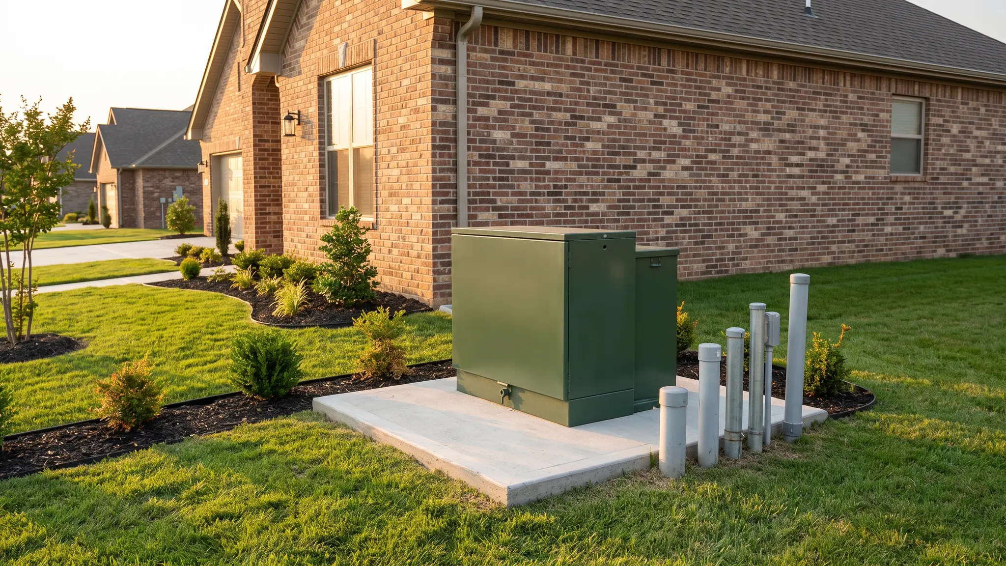 A green pad-mounted transformer on a concrete pad beside a new brick home with conduit stubbed up from the ground and tidy landscaping at evening