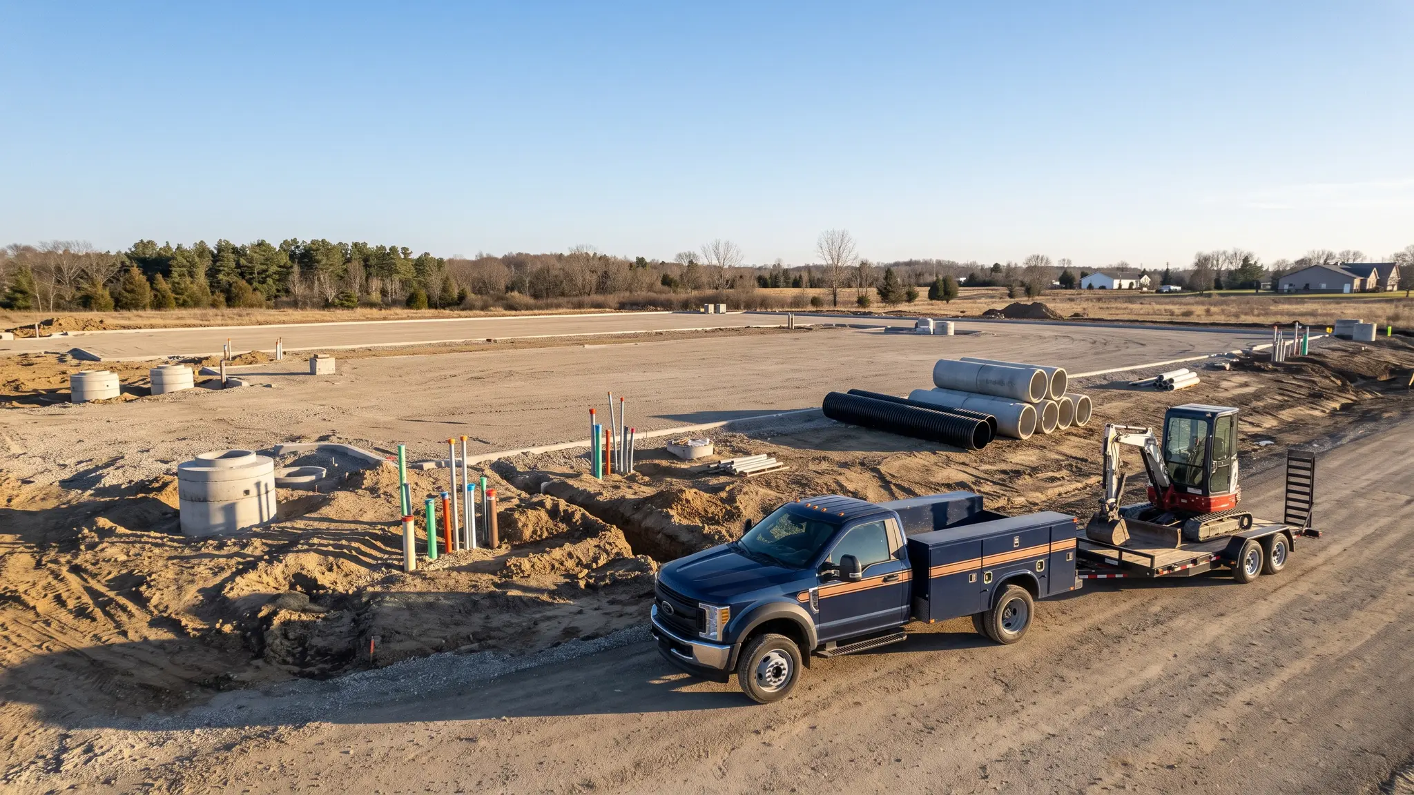 A graded commercial building pad with storm pipe, manholes and utility stub-outs laid out ahead of construction and a navy blue utility truck at the edge
