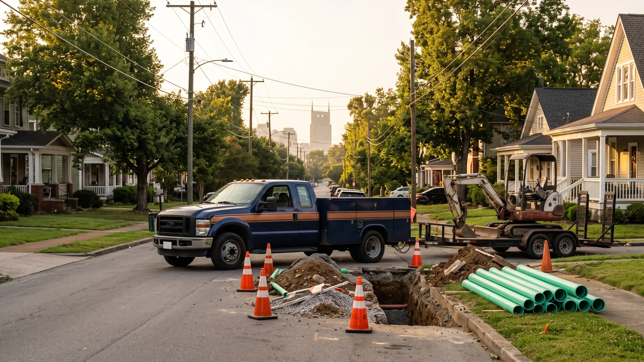 Music City Utilities | Underground utilities in Nashville, TN A Nashville residential street at golden hour with an open utility trench, stacked green water pipe, a navy blue utility truck hauling a mini excavator and orange safety cones with the downtown skyline in the distance