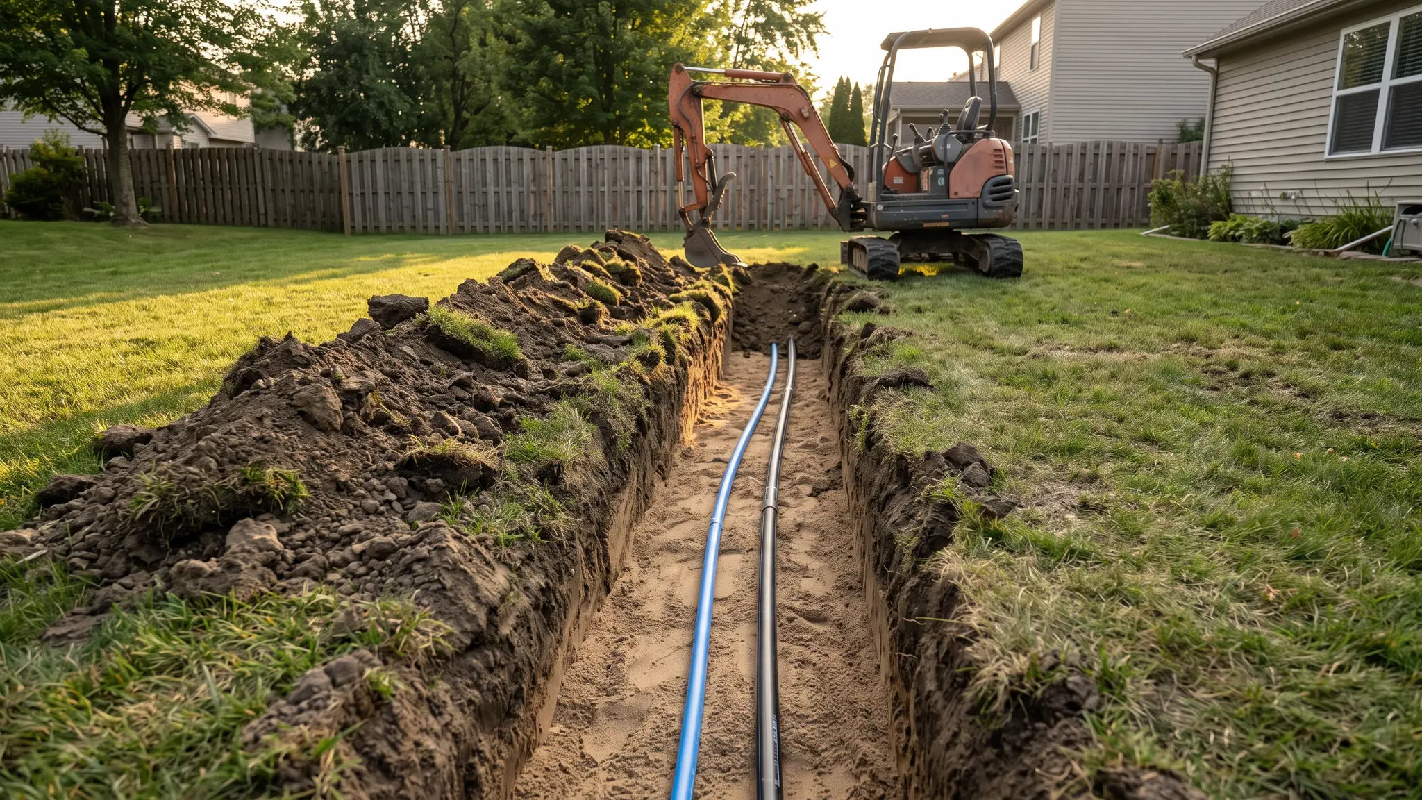 Trenching and installation | Music City Utilities A clean open trench in a suburban yard with a new blue water line and black conduit on a bed of sand and a mini excavator at the end of the trench