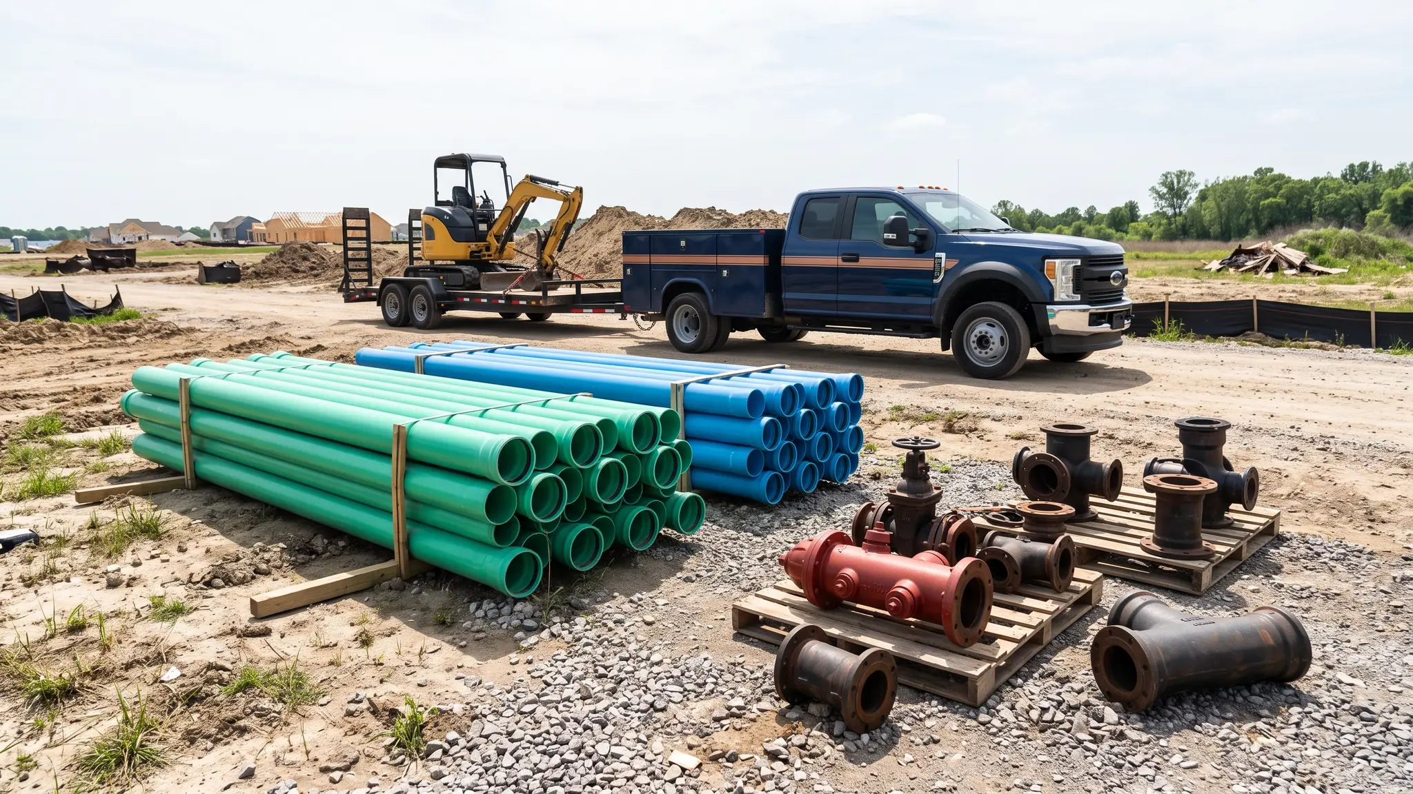 Water and fire lines | Music City Utilities Stacks of green and blue water pipe, a ductile iron fire hydrant and valve fittings laid out at a new development site with a utility truck behind