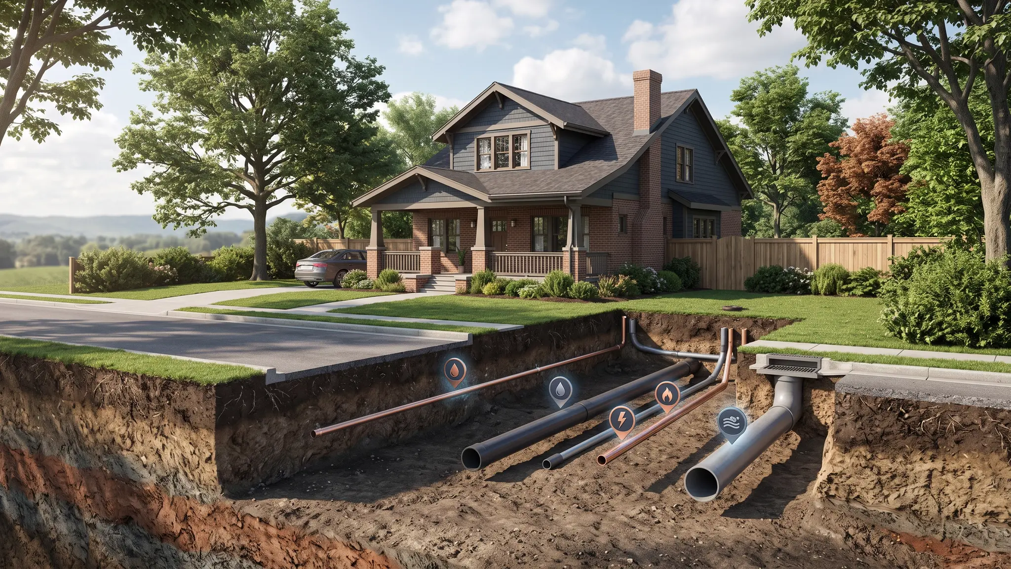 A cutaway illustration of a Tennessee property showing the ground in cross section with a water service line, a sewer lateral, an electrical conduit, a gas line and a storm drain running to a house, in slate blue and copper tones