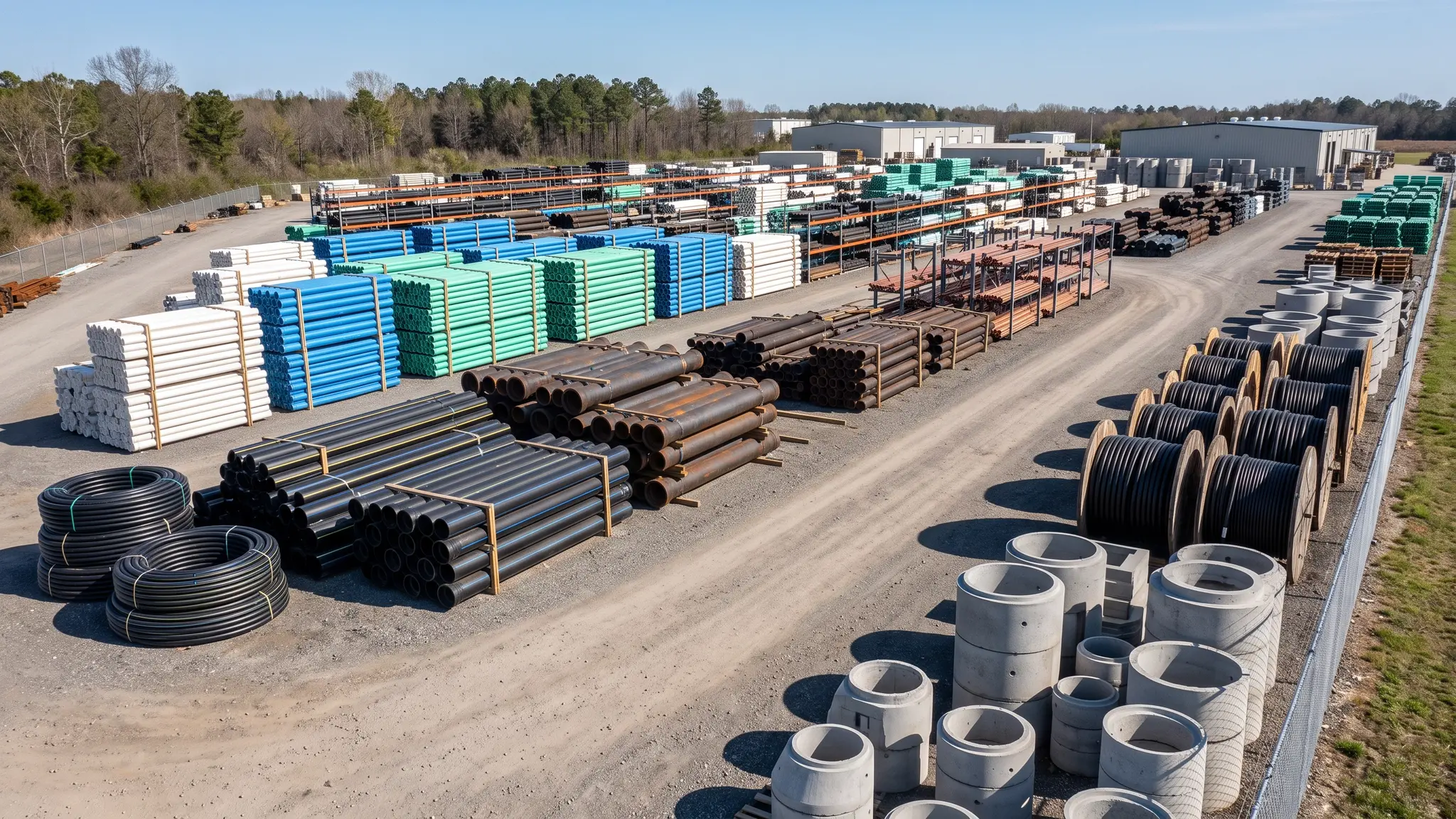 Underground utility situations and material guides | Music City Utilities A pipe yard with racks of PVC, ductile iron, HDPE and copper pipe, spools of black conduit and stacked precast structures