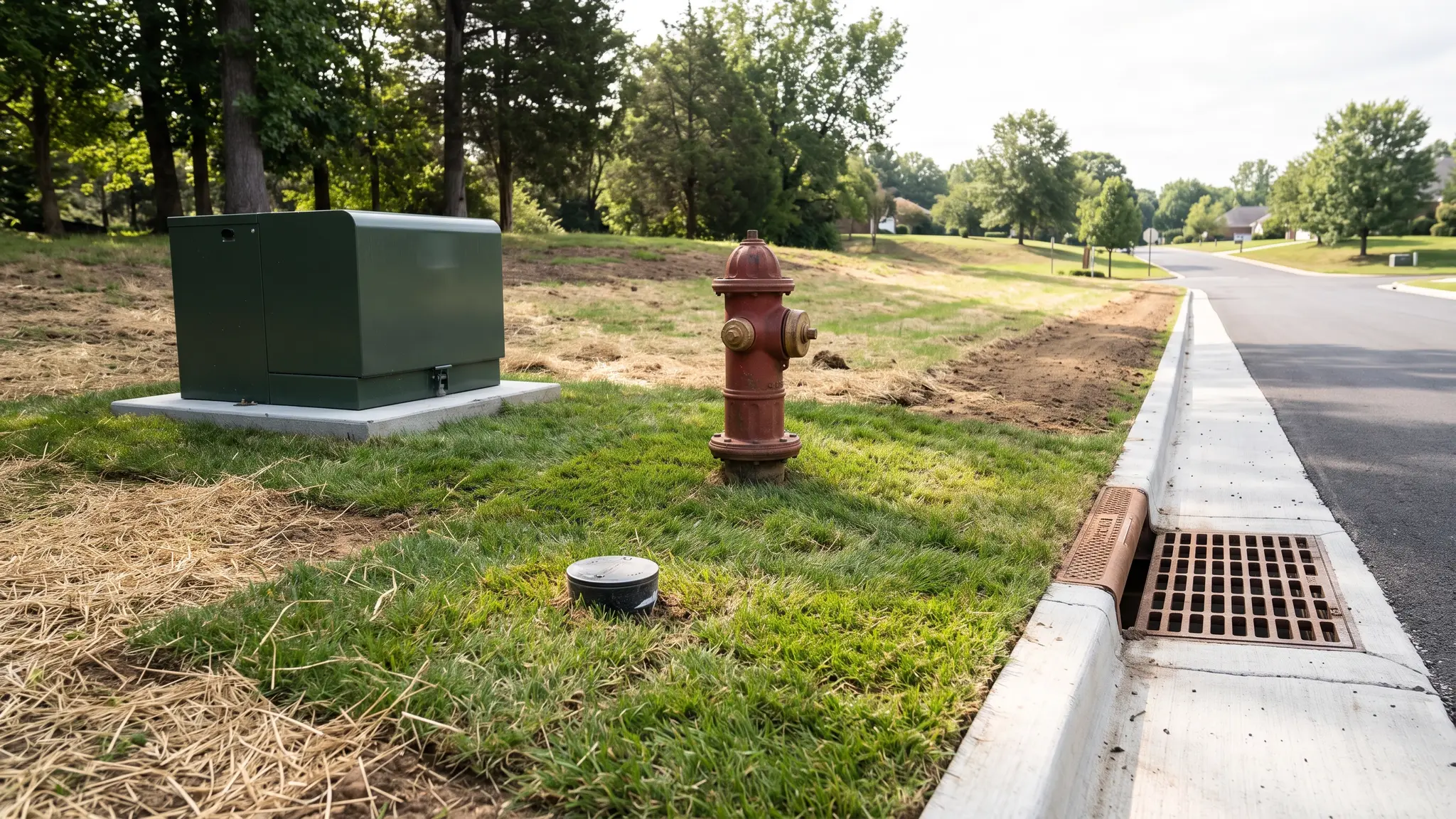Underground utility gallery | Music City Utilities A collection of finished underground utility work at a job site: a green transformer pad, a fire hydrant, a capped cleanout and a catch basin grate on restored ground
