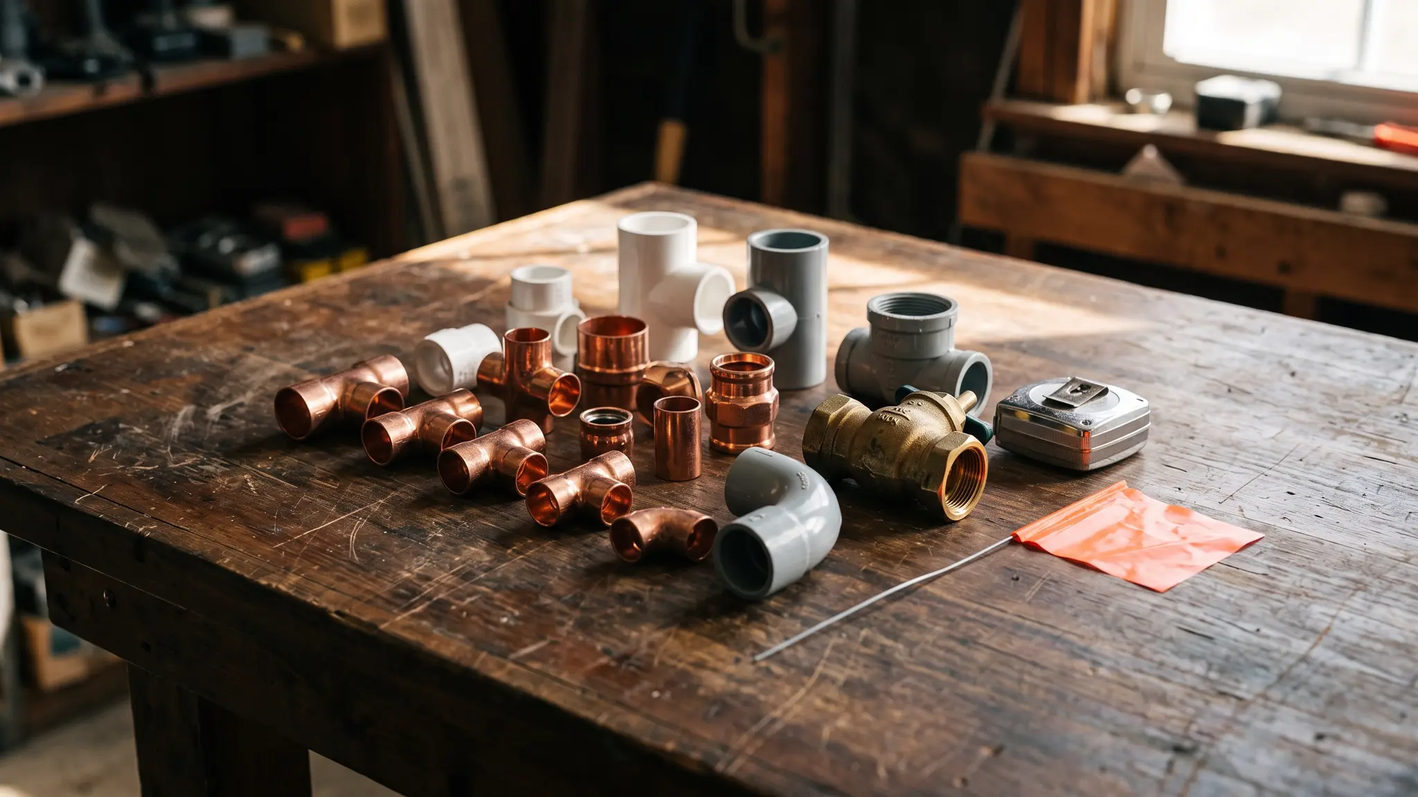 Underground utility services | Music City Utilities Utility fittings laid out neatly on a workbench: copper and PVC pipe fittings, a brass valve, a conduit elbow, a tape measure and a marking flag