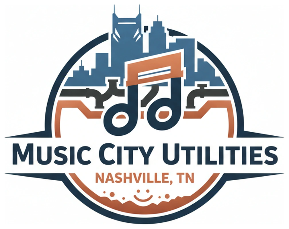 Music City Utilities logo: a round badge with the Nashville skyline above musical notes made of pipes and valves, with the words Music City Utilities and Nashville, TN