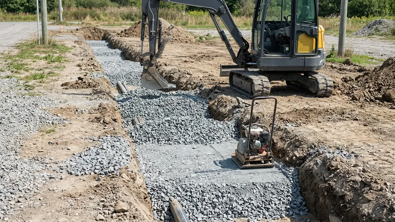 Install and test A compactor plate and a mini excavator backfilling a utility trench with clean stone in layers