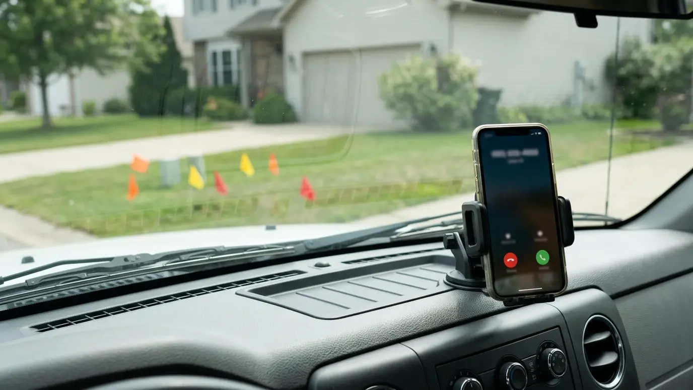 Call or send photos A smartphone on a truck dashboard showing an incoming call with a suburban yard and marking flags through the windshield