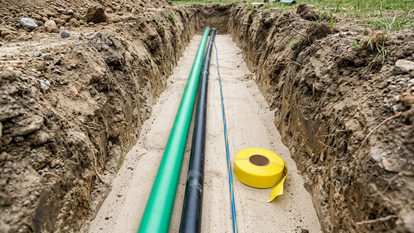 Dig or bore A new green water pipe and black conduit laid in a trench on a smooth sand bed with a roll of yellow warning tape