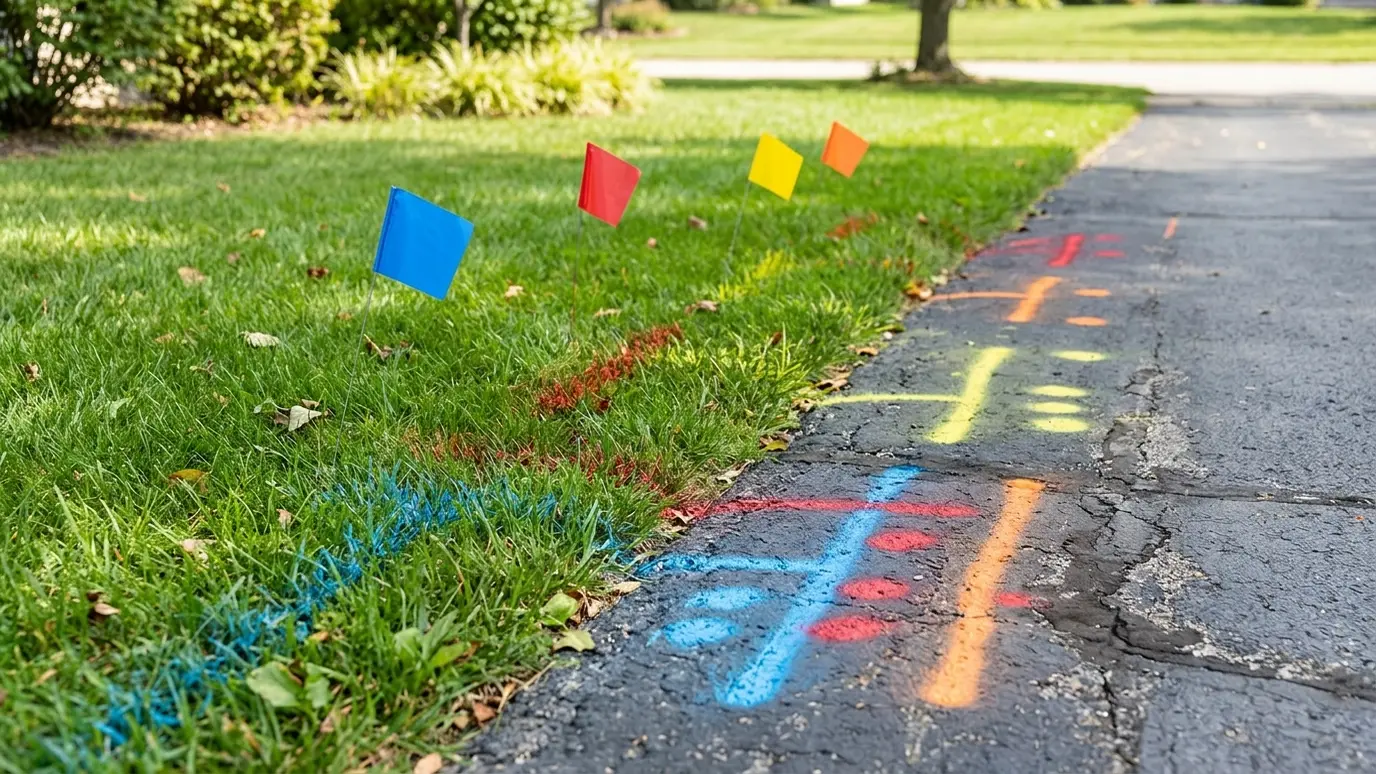 Locate and plan Colored utility marking paint lines and small flags across a lawn and driveway edge