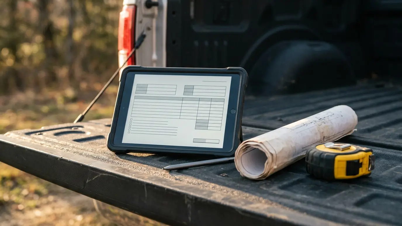 Quote and schedule A tablet with a blank estimate form and a pen on a truck tailgate with a rolled site plan and tape measure