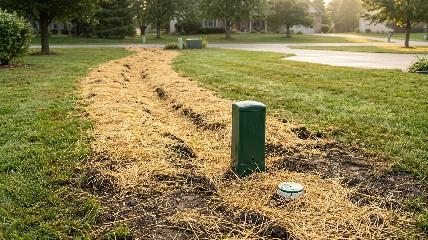 Backfill and restore A freshly seeded and strawed lawn over a completed trench line with a green pedestal and cleanout cap