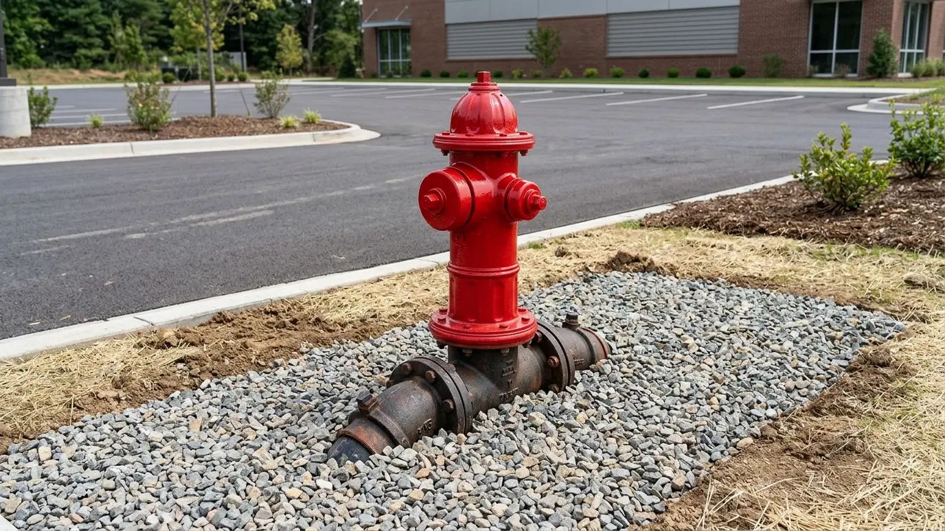 A freshly installed red fire hydrant with a gravel apron A freshly installed red fire hydrant with a gravel apron