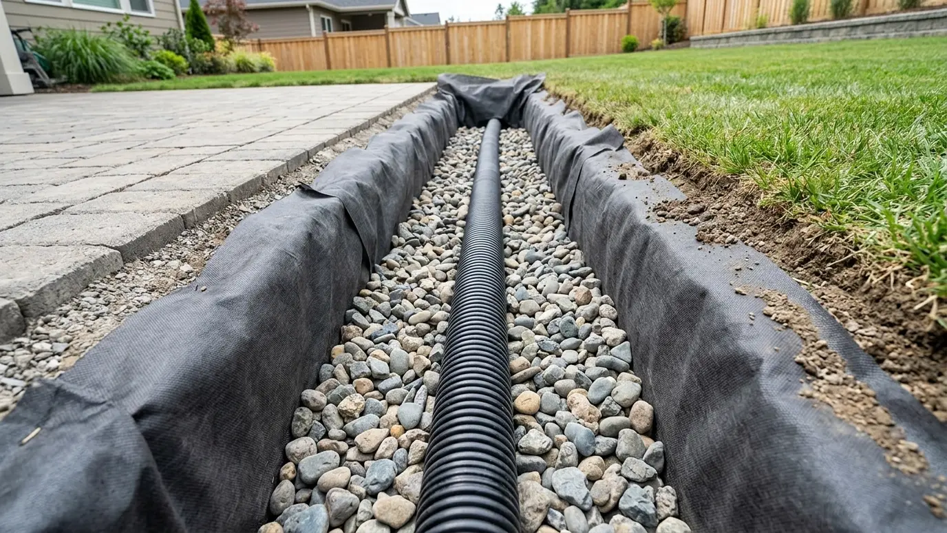 A French drain trench lined with fabric and washed stone beside a patio A French drain trench lined with fabric and washed stone beside a patio