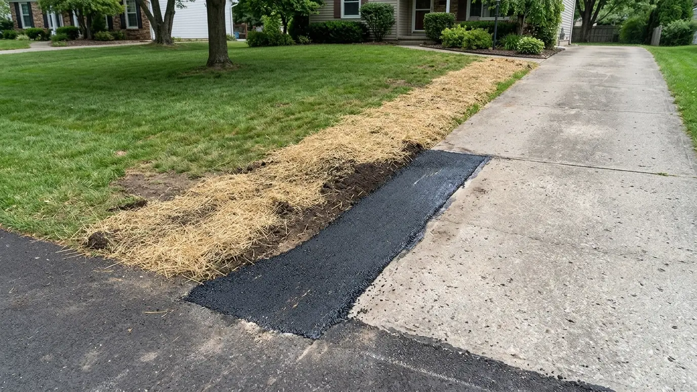 A freshly seeded lawn and restored asphalt patch over a completed trench A freshly seeded lawn and restored asphalt patch over a completed trench