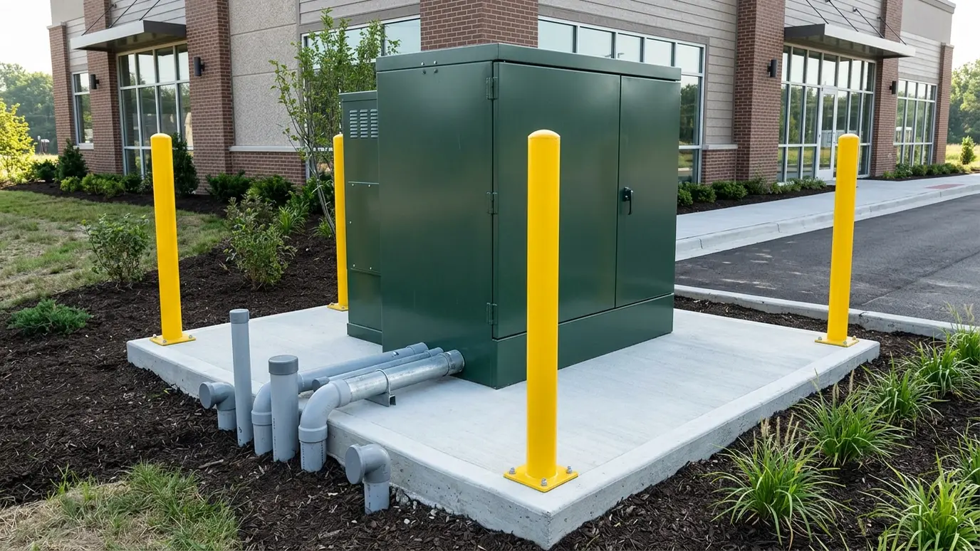 A green transformer on a new concrete pad with conduit stubs A green transformer on a new concrete pad with conduit stubs